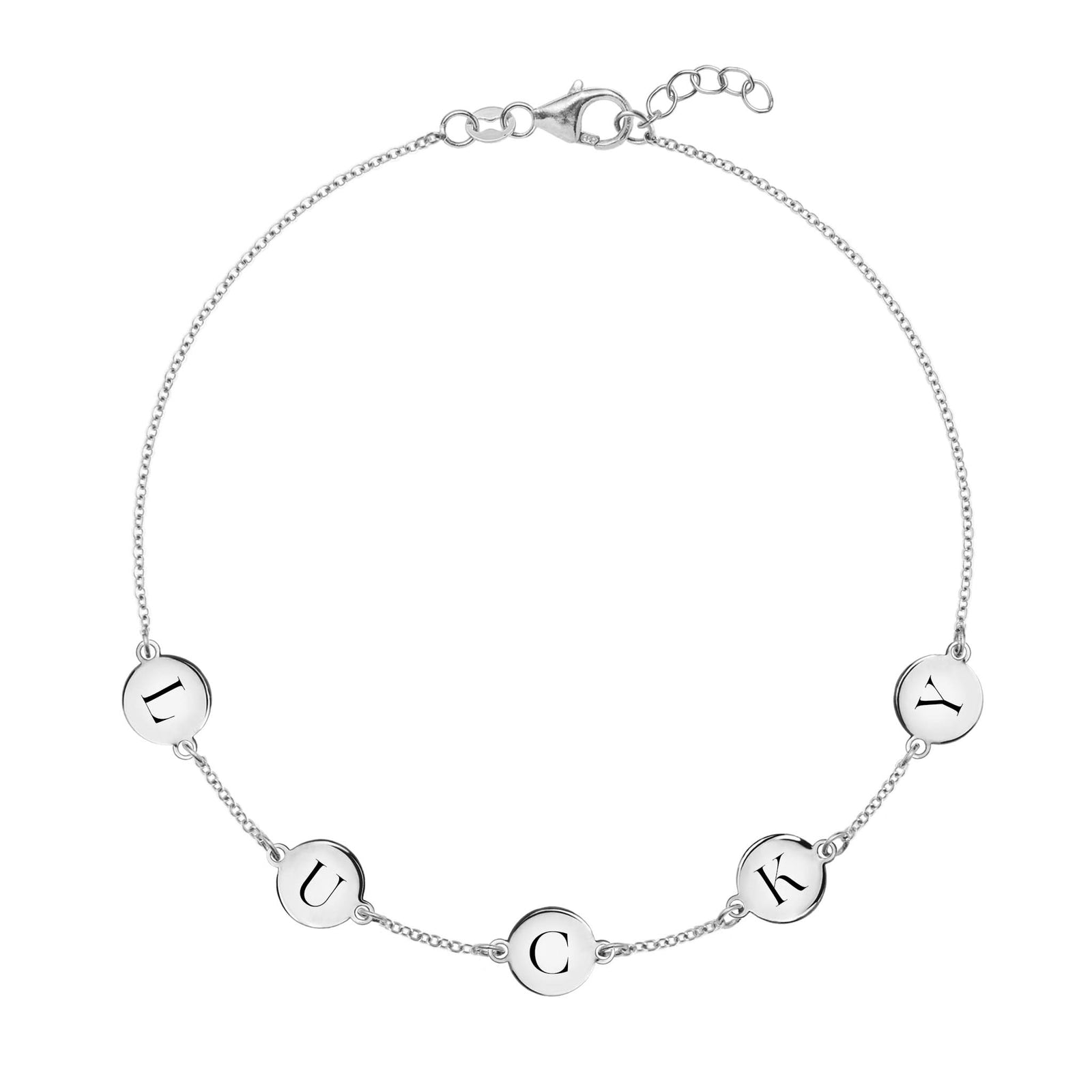 14k white gold cable chain bracelet featuring five 1/4” flat engraved letter discs, spelling LUCKY
