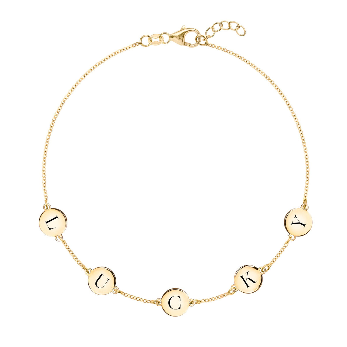 14k yellow gold cable chain bracelet featuring five 1/4” flat engraved letter discs, spelling LUCKY - front view
