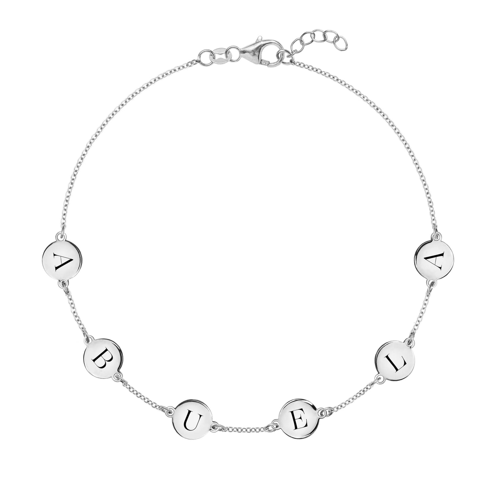 14k white gold cable chain bracelet featuring six 1/4” flat engraved letter discs, spelling ABUELA