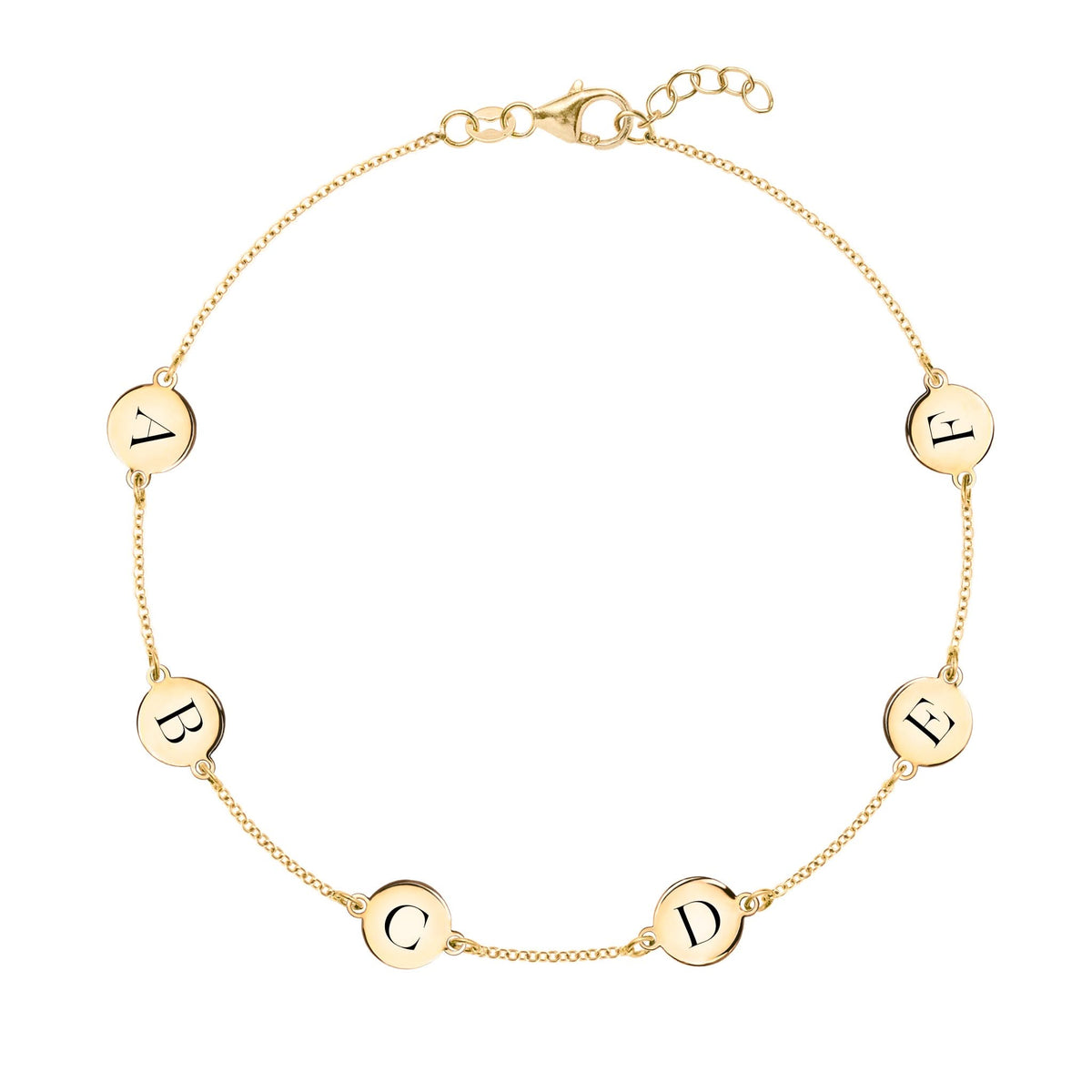 14k yellow gold cable chain bracelet featuring six 1/4” flat discs engraved with letters ABCDEF - front view