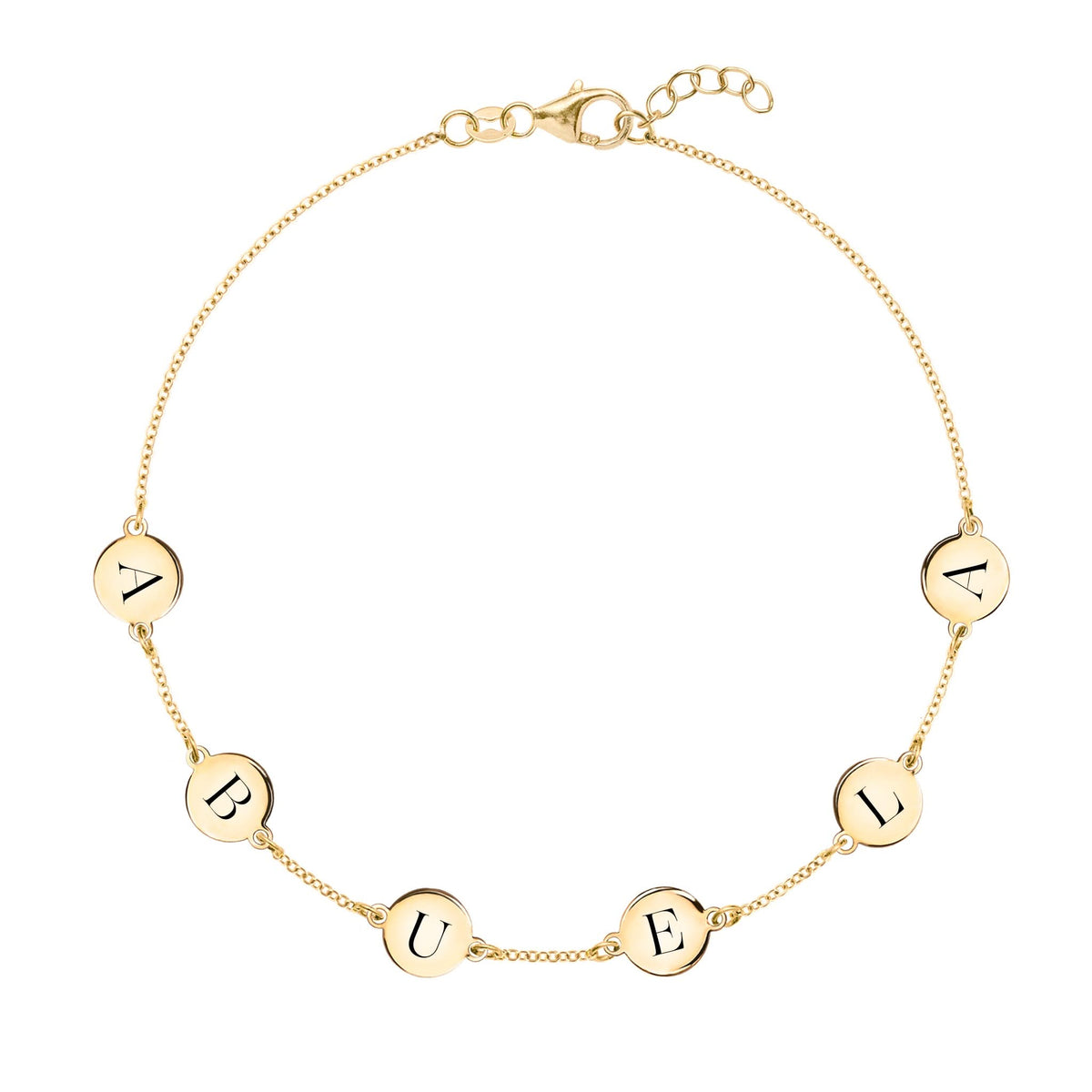14k yellow gold cable chain bracelet featuring six 1/4” flat engraved letter discs, spelling ABUELA - front view