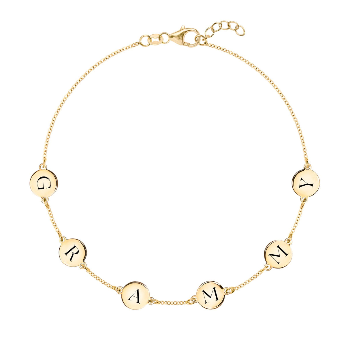 14k yellow gold cable chain bracelet featuring six 1/4” flat engraved letter discs, spelling GRAMMY - front view