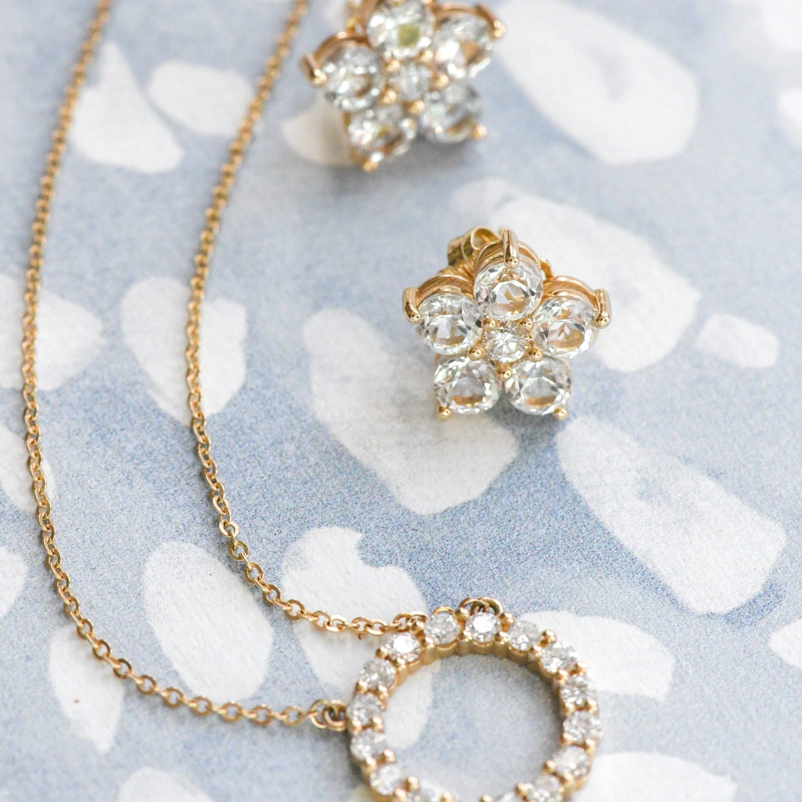 Greenwich Flower White Topaz & Diamond Earrings in 14k Gold (April)