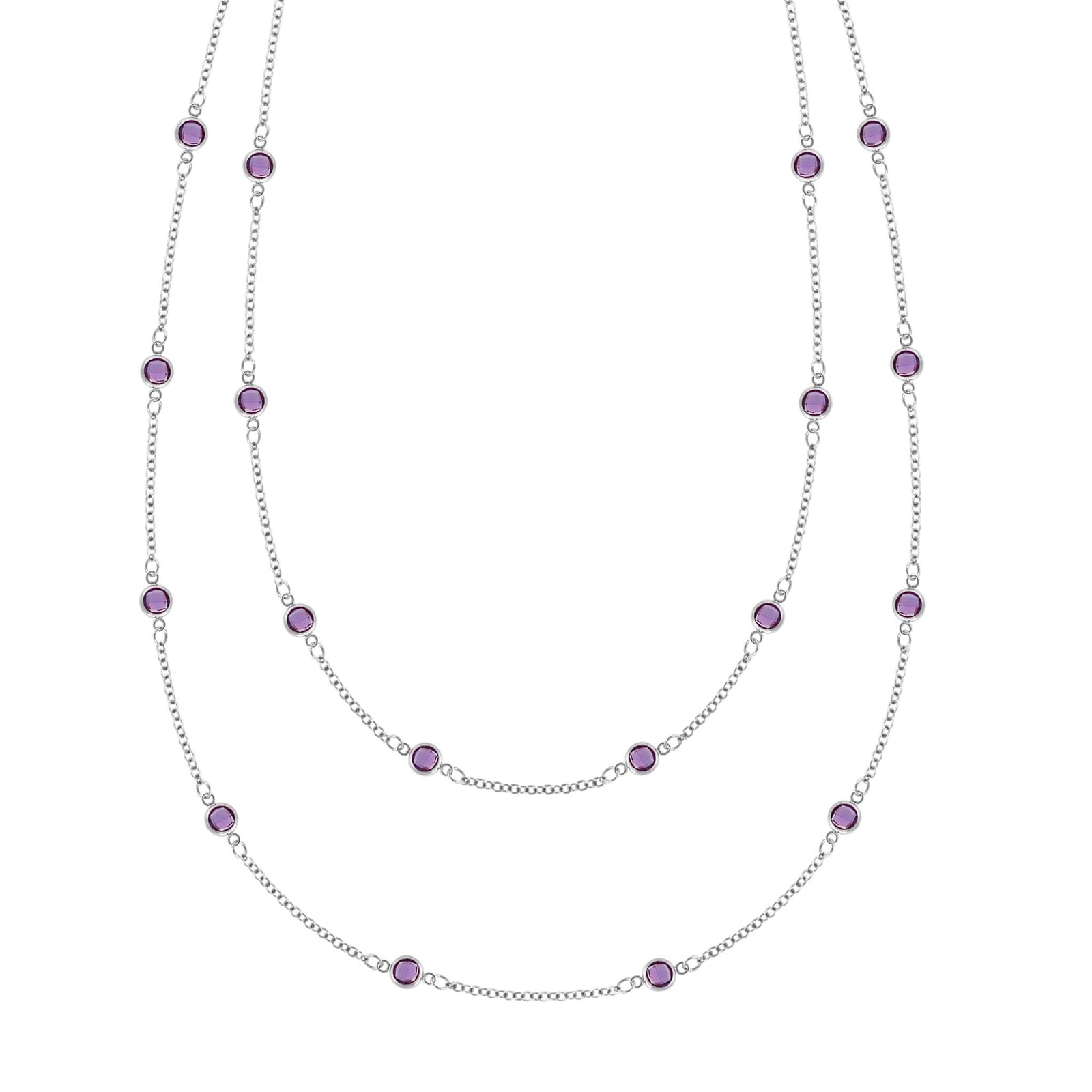 Bayberry Birthstone Wrap necklace featuring 4 mm briolette cut amethysts bezel set in 14k white gold