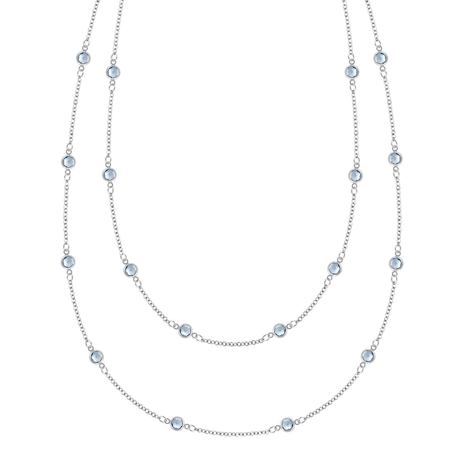 Bayberry Birthstone Wrap necklace featuring 4 mm briolette cut aquamarines bezel set in 14k white gold