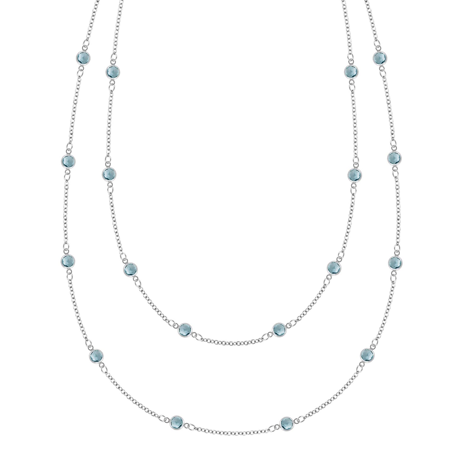 Bayberry Birthstone Wrap necklace featuring 4 mm briolette cut Nantucket blue topaz bezel set in 14k white gold