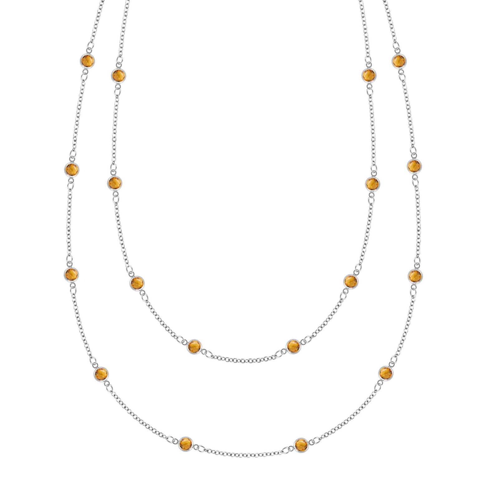 Bayberry Birthstone Wrap necklace featuring 4 mm briolette cut citrines bezel set in 14k white gold