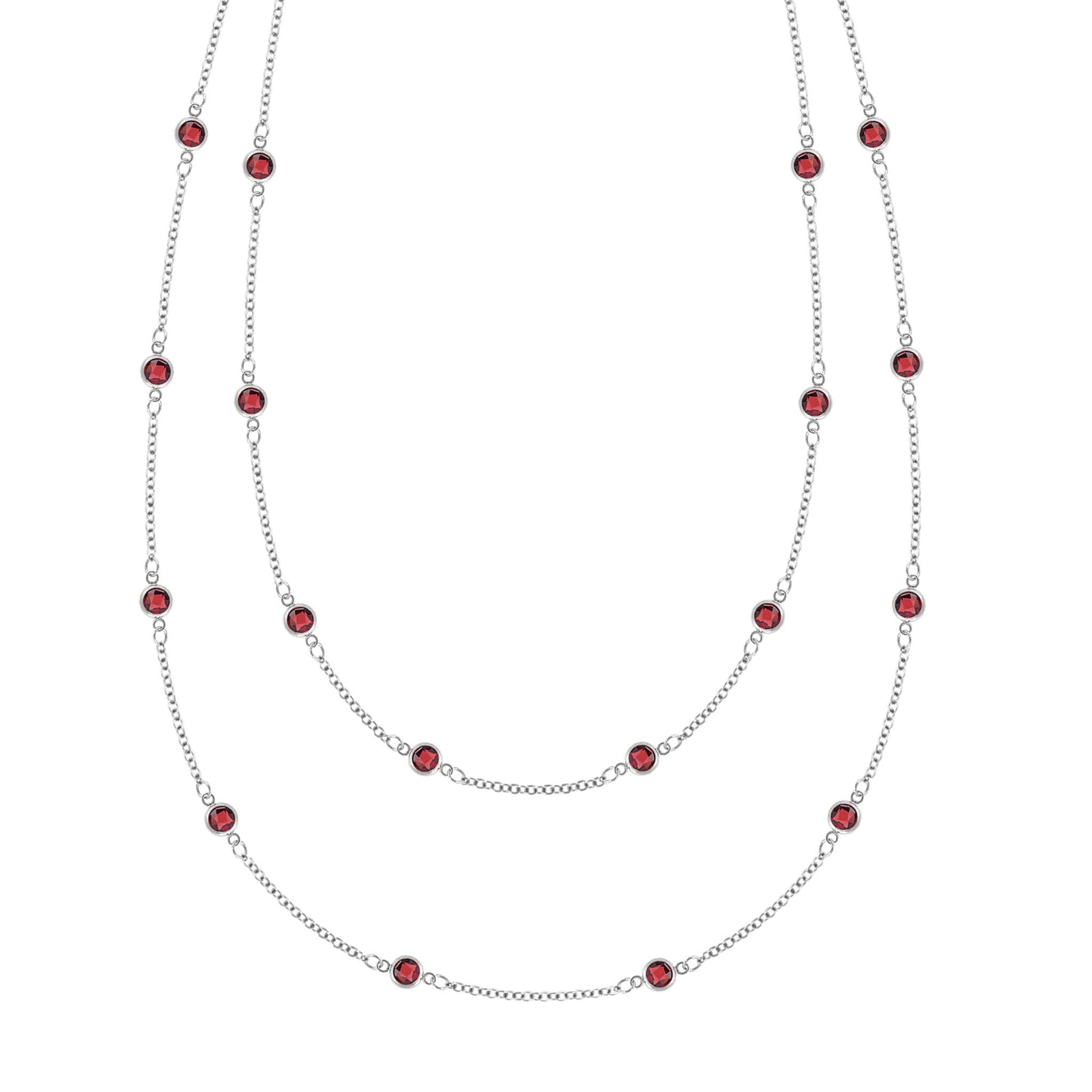 Bayberry Birthstone Wrap necklace featuring 4 mm briolette cut garnets bezel set in 14k white gold