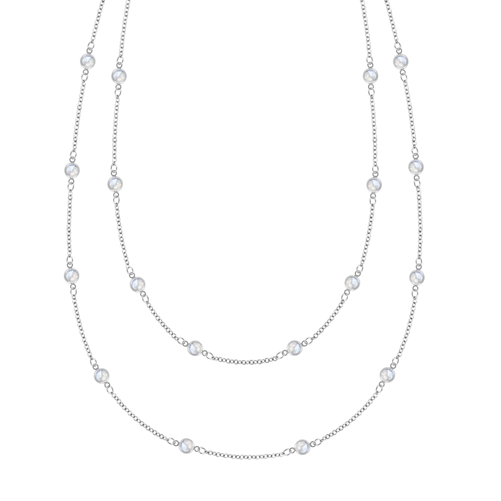 Bayberry Birthstone Wrap necklace featuring 4 mm briolette cut moonstones bezel set in 14k white gold