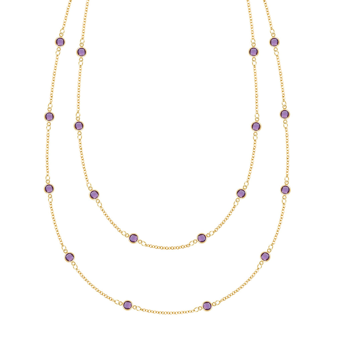 Bayberry Birthstone Wrap necklace featuring 4 mm briolette cut amethysts bezel set in 14k yellow gold - front view