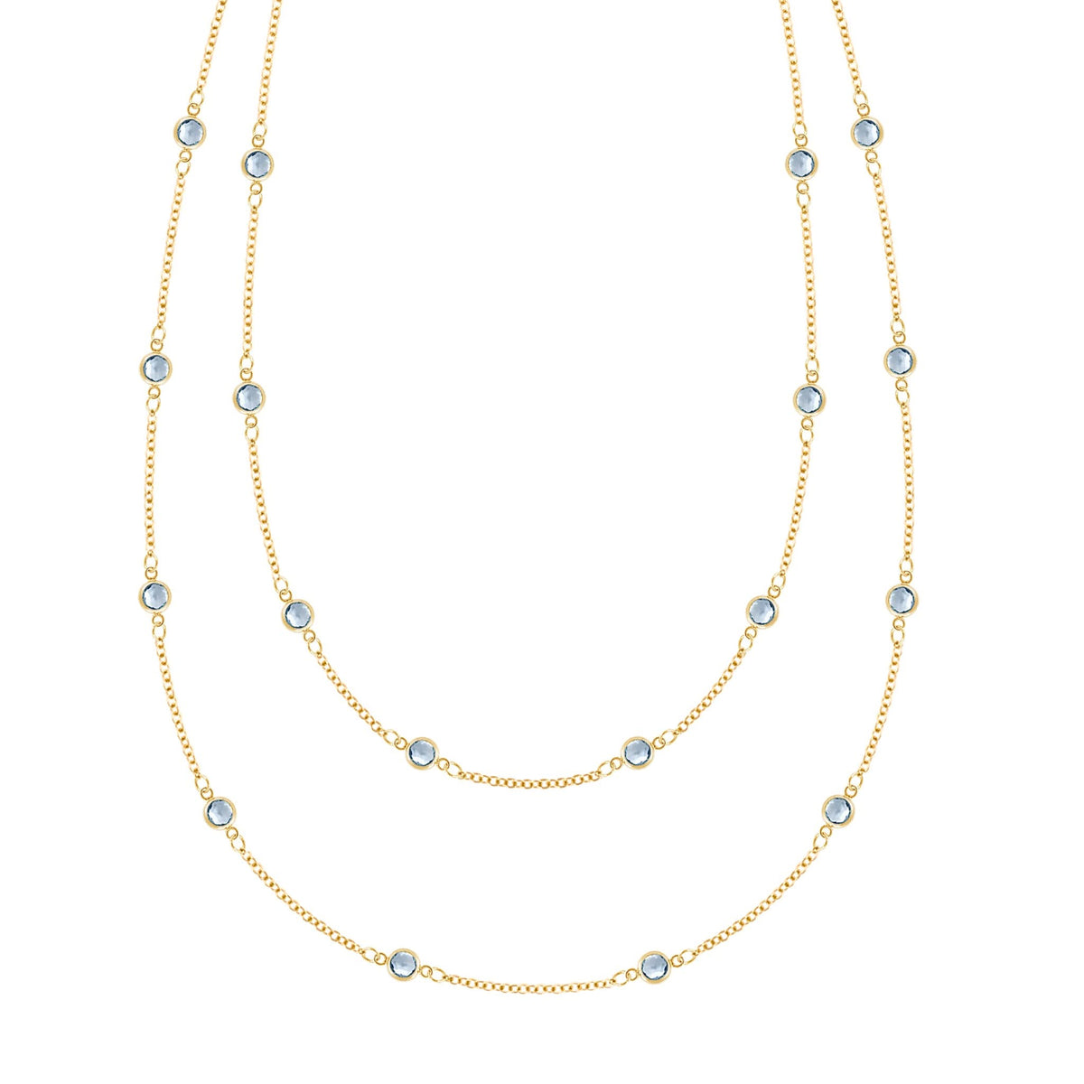 Bayberry Birthstone Wrap necklace featuring 4 mm briolette cut aquamarines bezel set in 14k yellow gold - front view