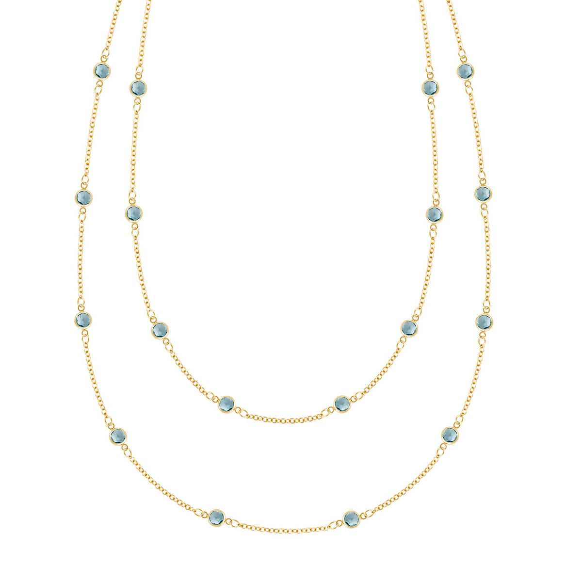 Bayberry Birthstone Wrap necklace featuring 4 mm briolette cut Nantucket blue topaz bezel set in 14k yellow gold - front view