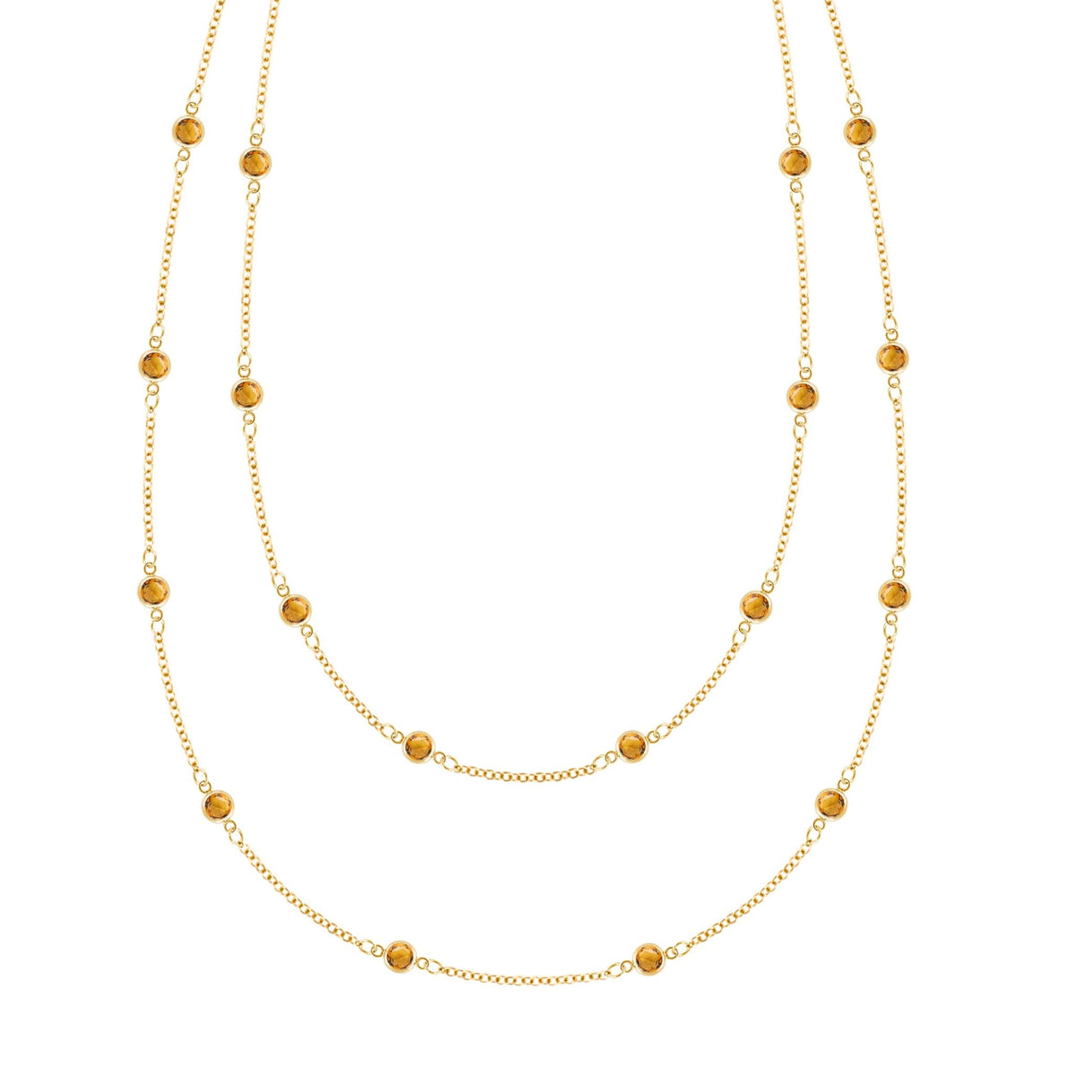 Bayberry Birthstone Wrap necklace featuring 4 mm briolette cut citrines bezel set in 14k yellow gold - front view