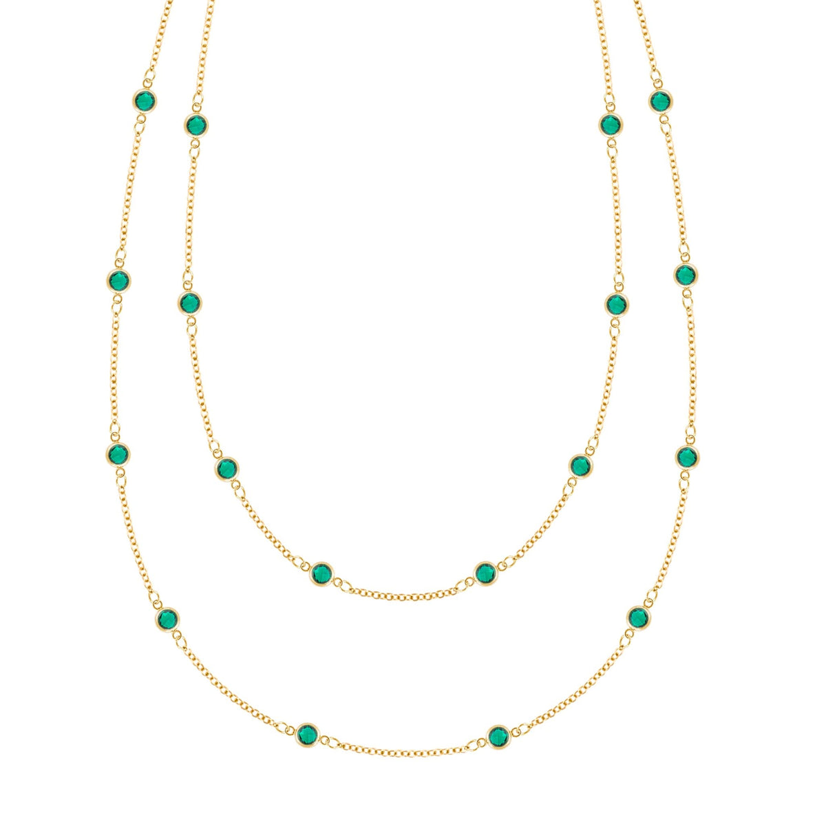 Bayberry Birthstone Wrap necklace featuring 4 mm briolette cut emeralds bezel set in 14k yellow gold - front view
