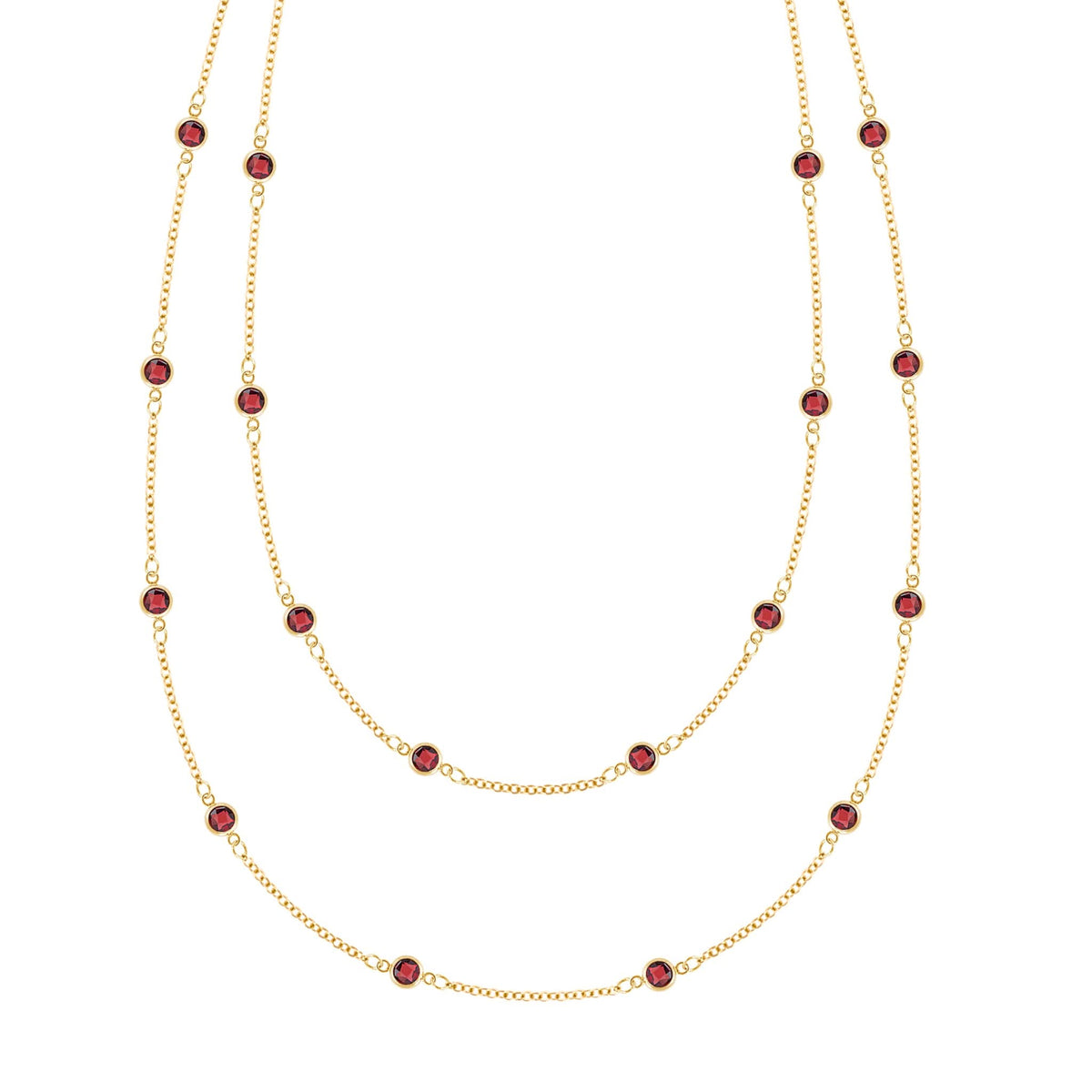 Bayberry Birthstone Wrap necklace featuring 4 mm briolette cut garnets bezel set in 14k yellow gold - front view