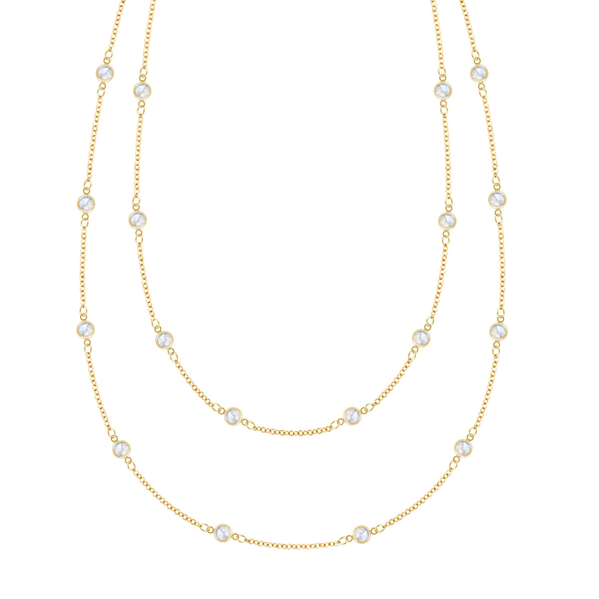 Bayberry Birthstone Wrap necklace featuring 4 mm briolette cut moonstones bezel set in 14k yellow gold - front view