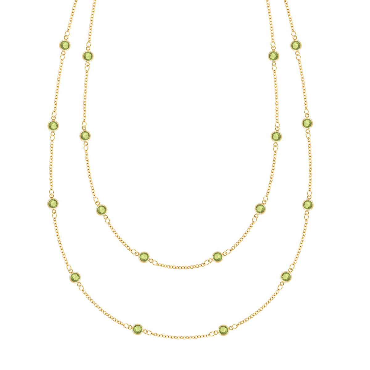 Bayberry Birthstone Wrap necklace featuring 4 mm briolette cut peridots bezel set in 14k yellow gold - front view