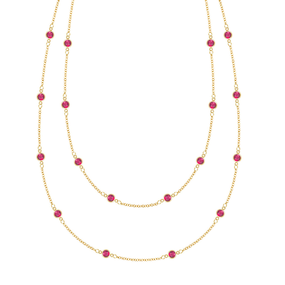 Bayberry Birthstone Wrap necklace featuring 4 mm briolette cut rubies set in 14k yellow gold - front view