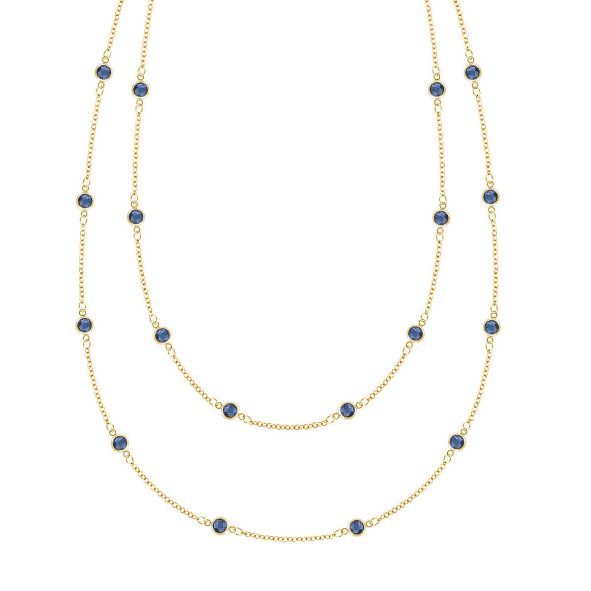 Bayberry Birthstone Wrap necklace featuring 4 mm briolette cut sapphires bezel set in 14k yellow gold - front view