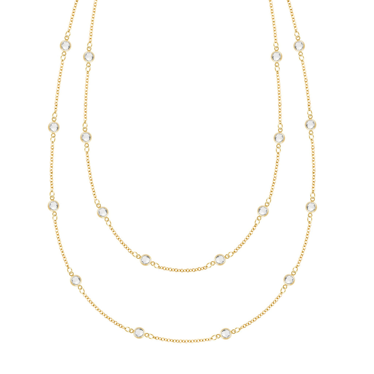 Bayberry Birthstone Wrap necklace featuring 4 mm briolette cut white topaz bezel set in 14k yellow gold - front view