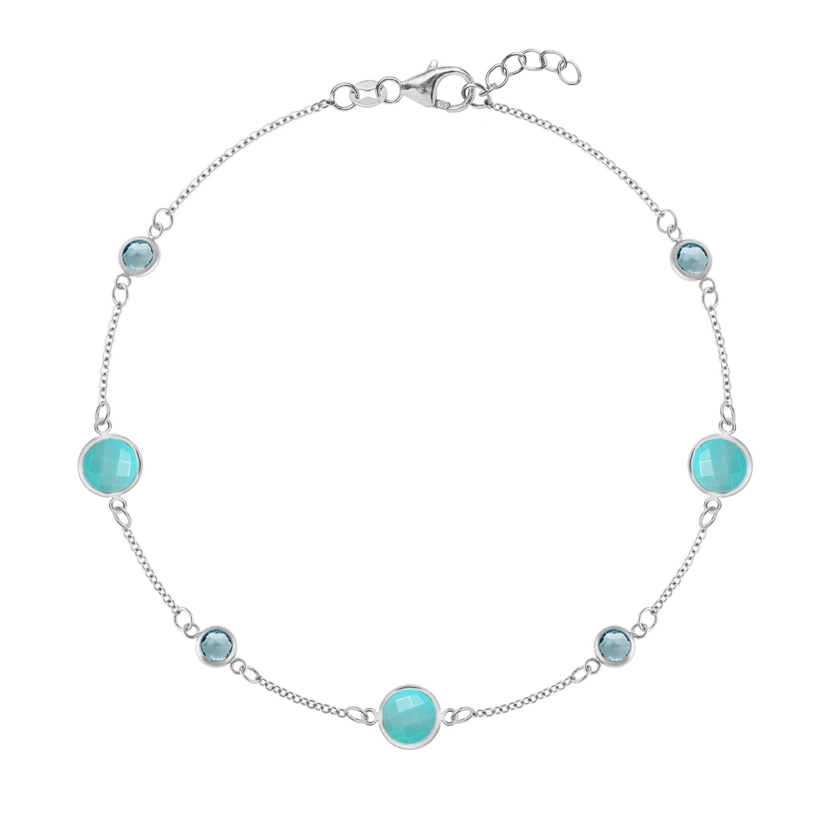Bayberry Grand & Classic cable chain bracelet in 14k white gold with 4 mm Nantucket blue topaz & 6 mm turquoise gemstones