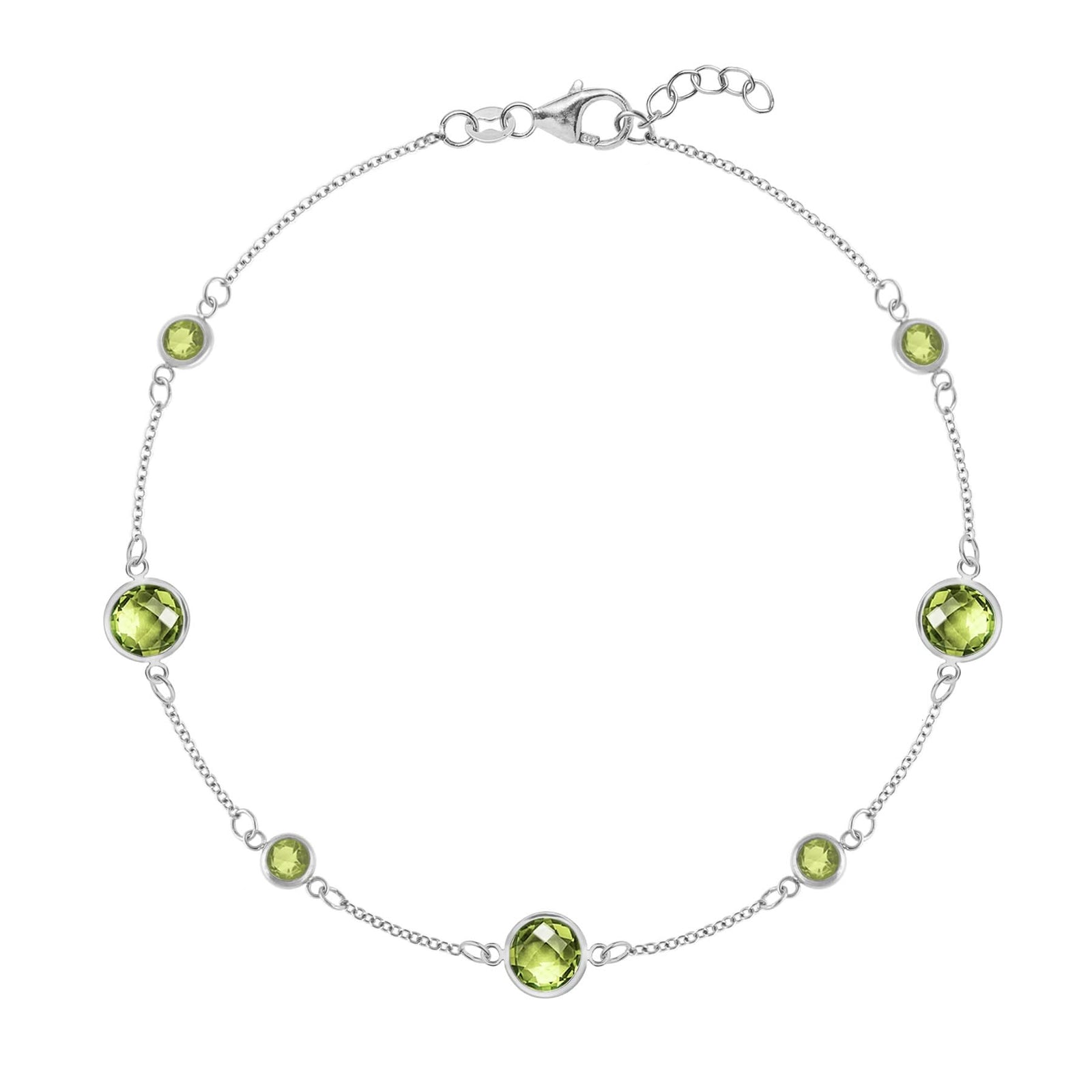 Bayberry Grand & Classic 1.17 mm cable chain bracelet in 14k white gold featuring 7 alternating 4 mm and 6 mm peridots