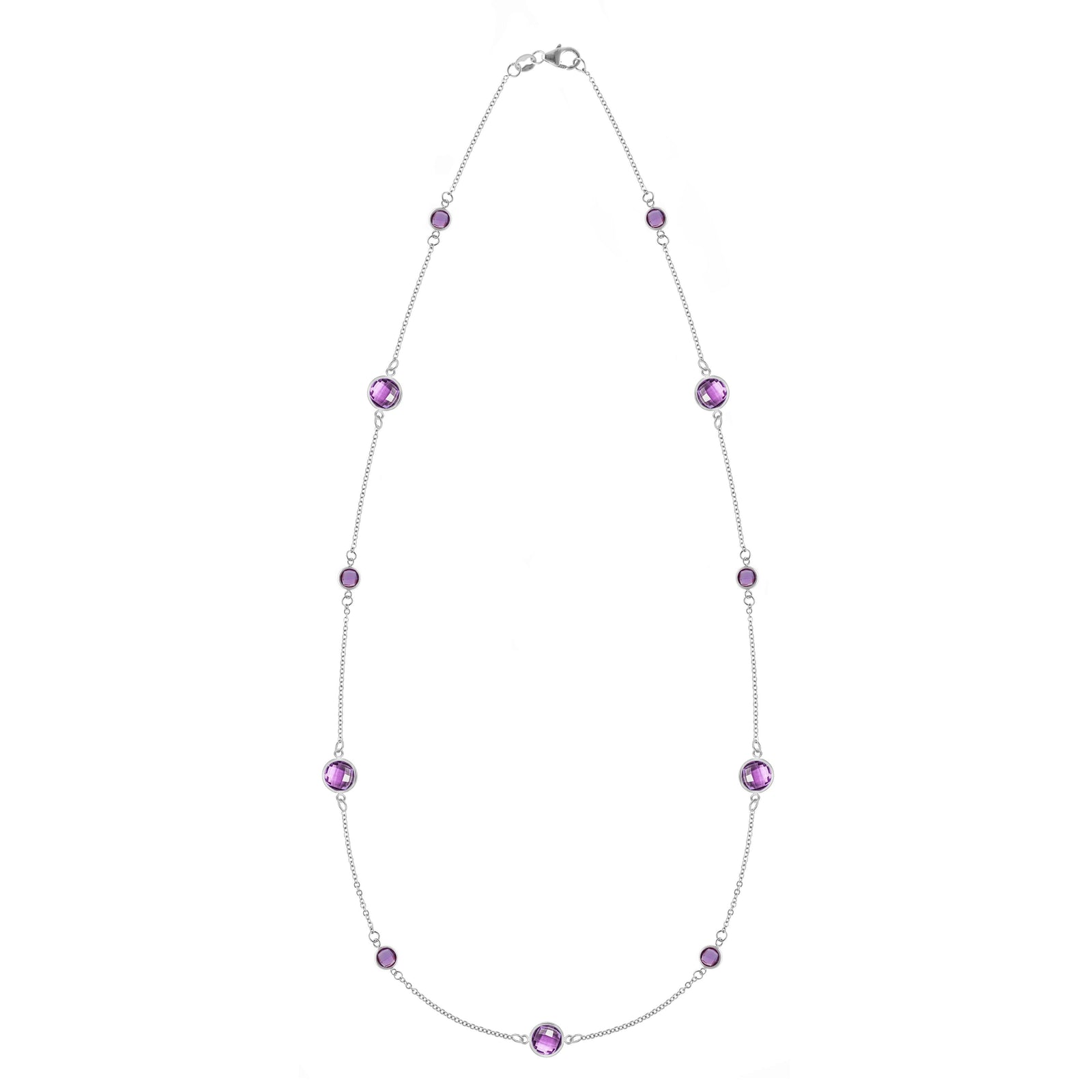 Bayberry Grand & Classic 14k white gold necklace featuring eleven alternating 4 mm and 6 mm briolette cut bezel set amethysts