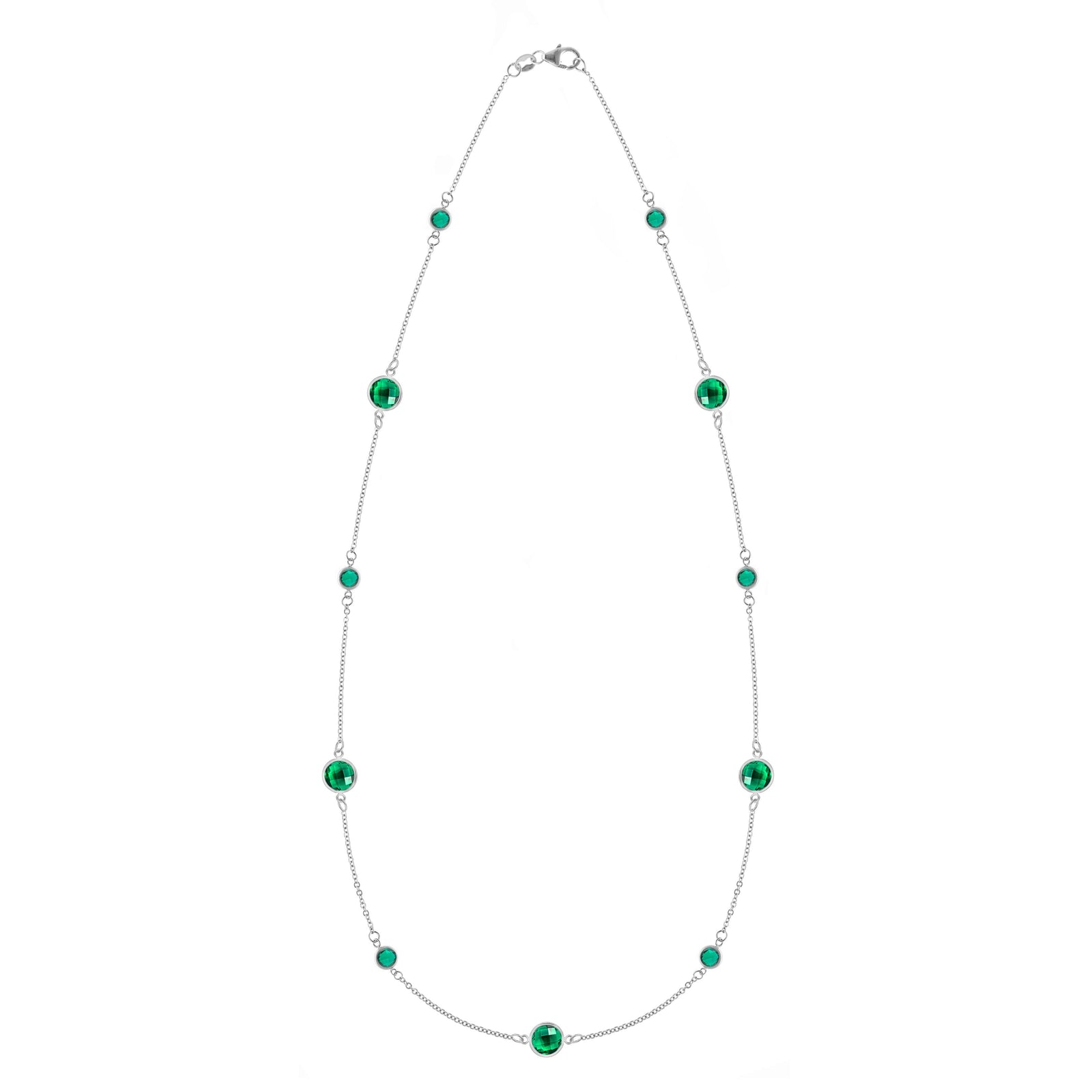 Bayberry Grand & Classic 14k white gold necklace featuring eleven alternating 4 mm and 6 mm briolette cut bezel set emeralds