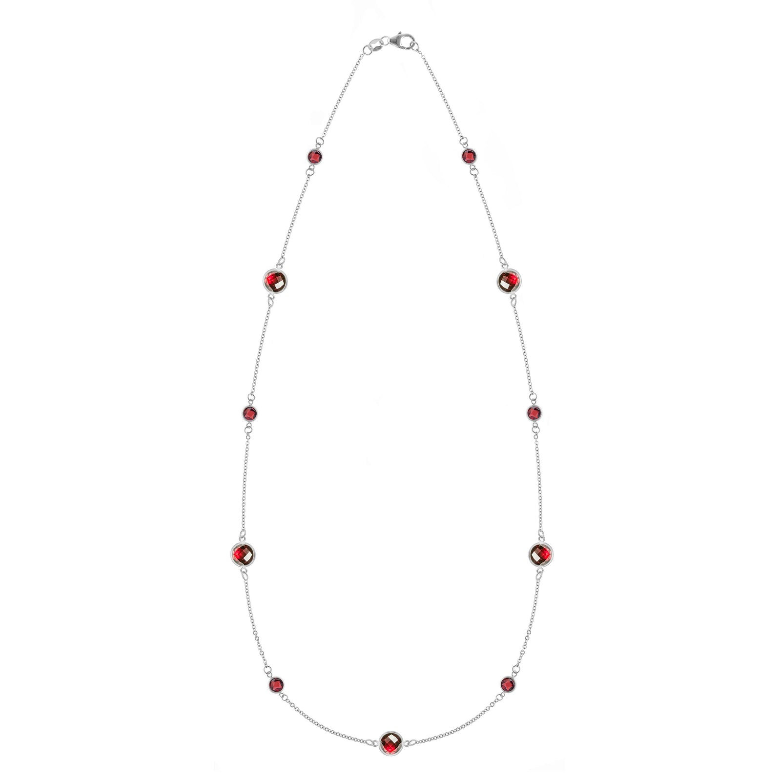 Bayberry Grand & Classic 14k white gold necklace featuring eleven alternating 4 mm and 6 mm briolette cut bezel set garnets