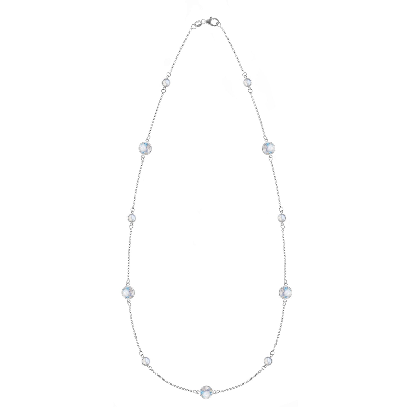 Bayberry Grand & Classic 14k white gold necklace featuring eleven alternating 4 mm & 6 mm briolette cut bezel set moonstones