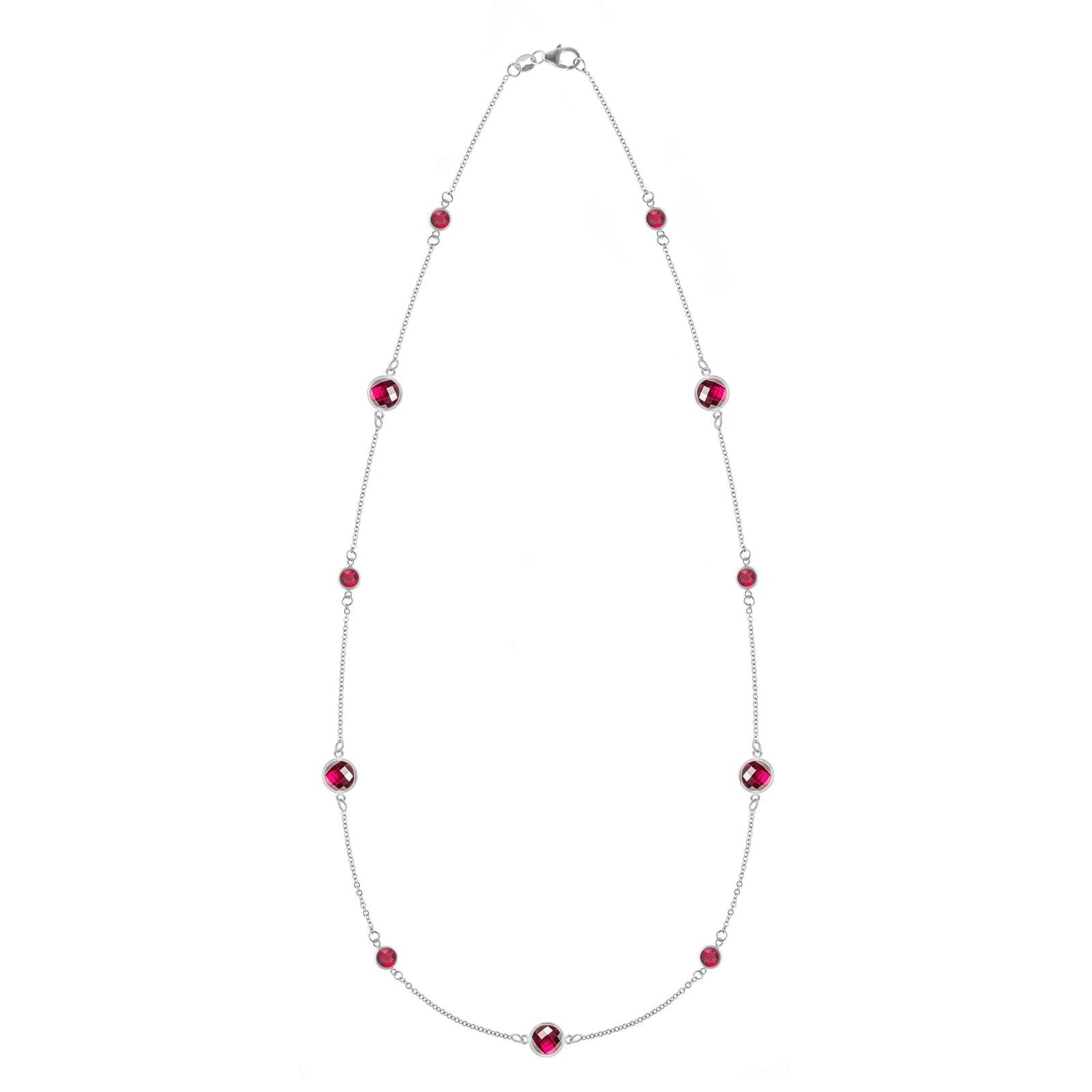 Bayberry Grand & Classic 14k white gold necklace featuring eleven alternating 4 mm and 6 mm briolette cut bezel set rubies
