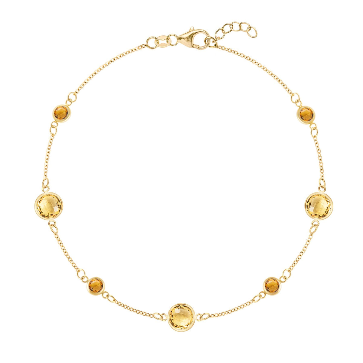 Bayberry Grand & Classic 1.17 mm cable chain bracelet in 14k gold featuring 7 alternating 4 mm and 6 mm citrines - front view