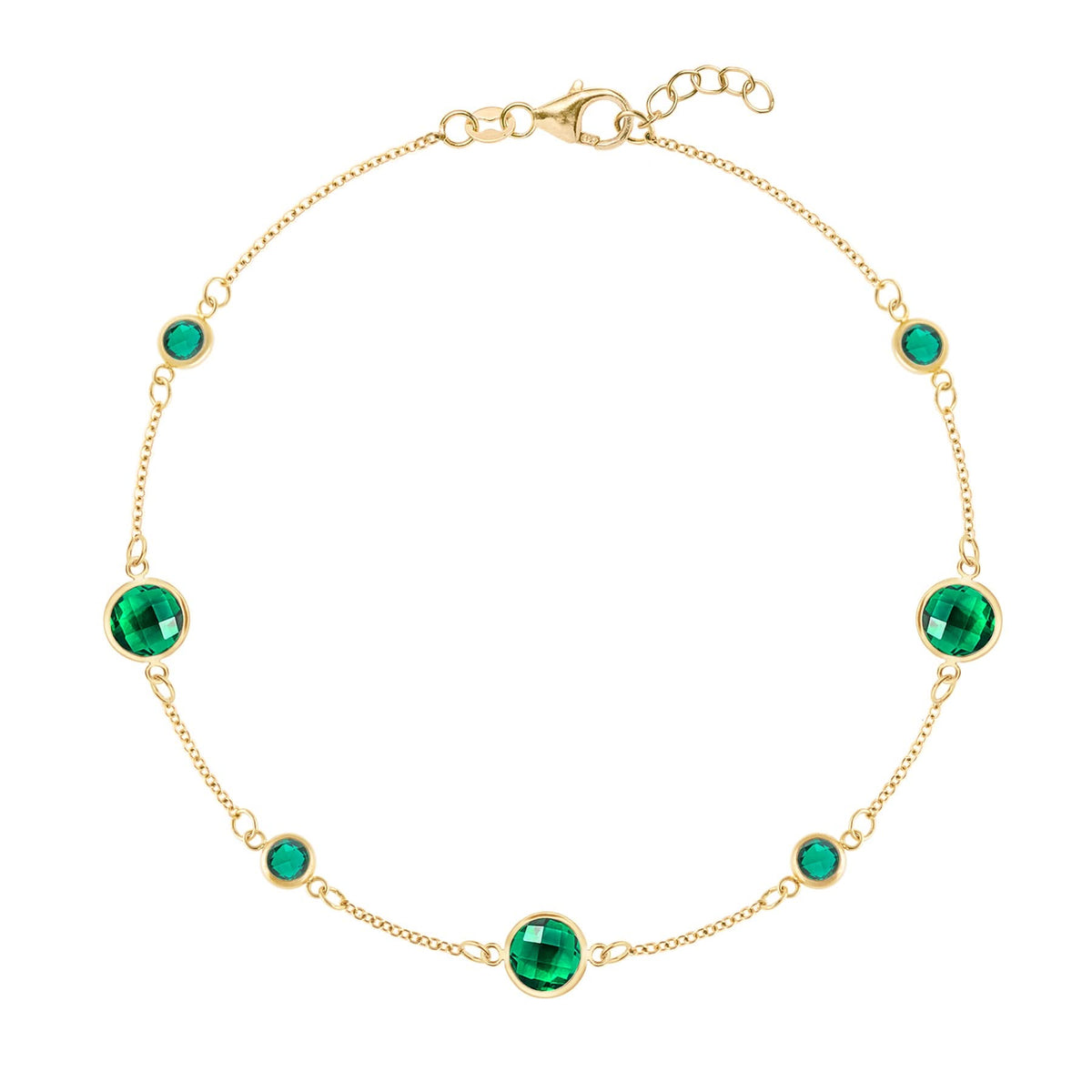 Bayberry Grand & Classic 1.17 mm cable chain bracelet in 14k gold featuring 7 alternating 4 mm and 6 mm emeralds - front view