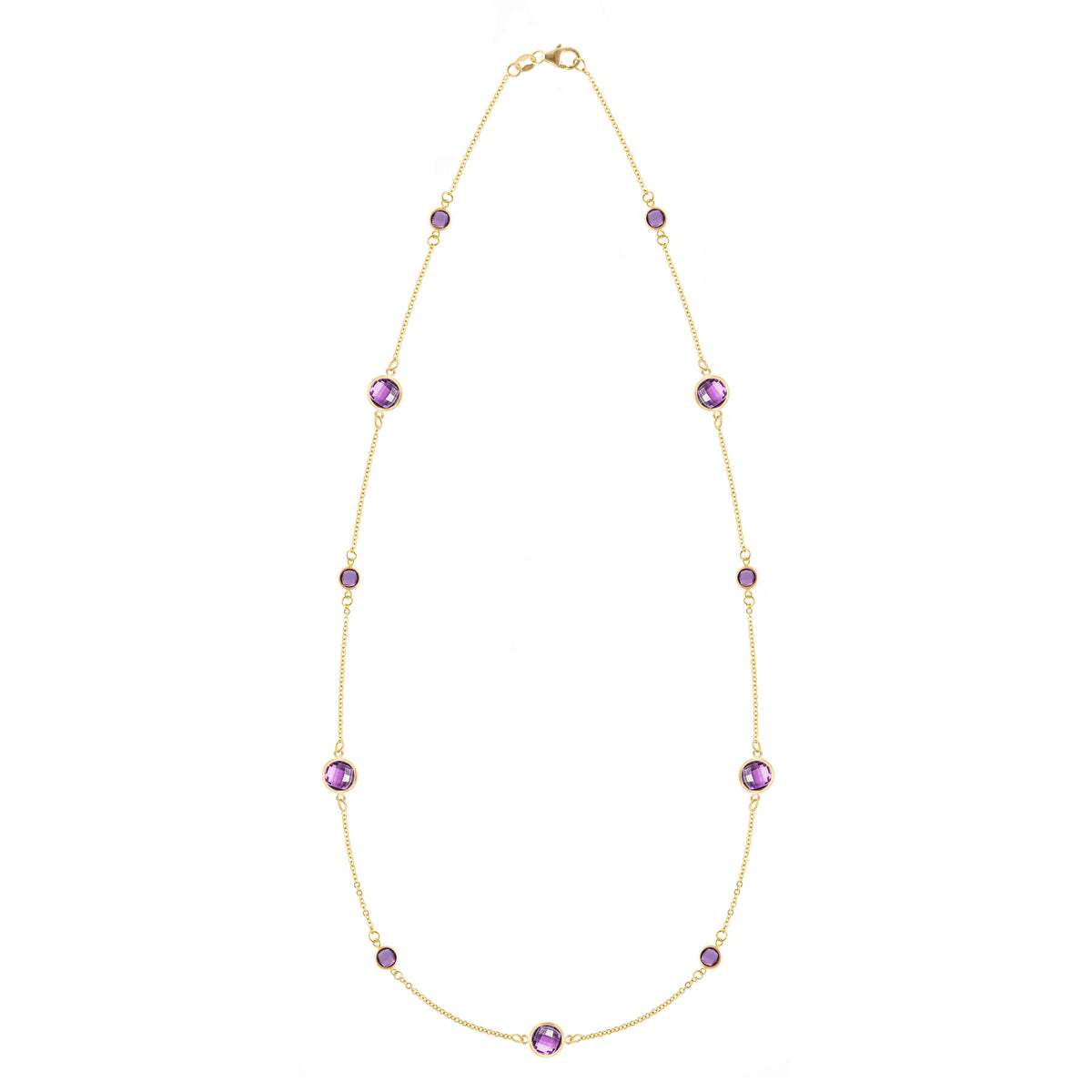 Bayberry Grand & Classic 14k yellow gold necklace featuring eleven alternating 4 mm and 6 mm briolette cut bezel set amethysts