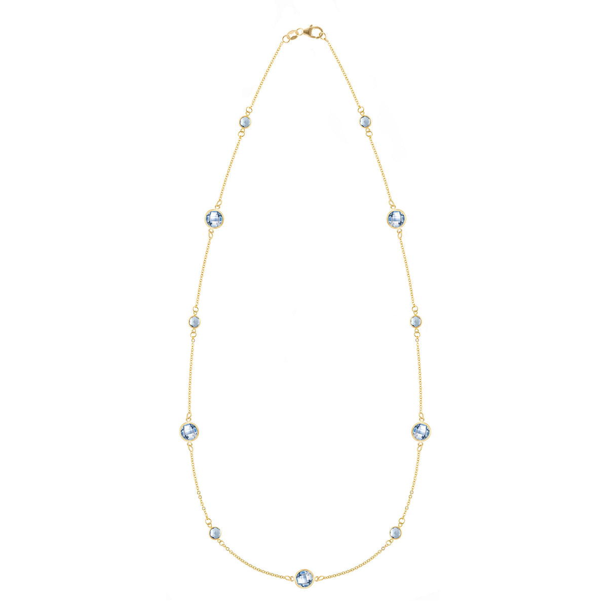 Bayberry Grand & Classic 14k yellow gold necklace featuring eleven alternating 4 mm and 6 mm briolette cut aquamarines