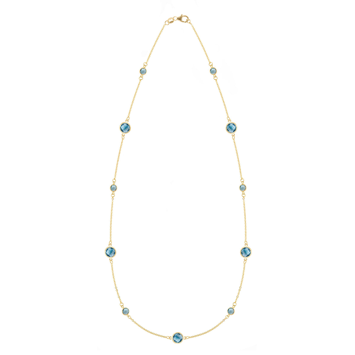 Bayberry Grand & Classic 14k gold necklace featuring eleven alternating 4 mm & 6 mm briolette cut Nantucket blue topaz