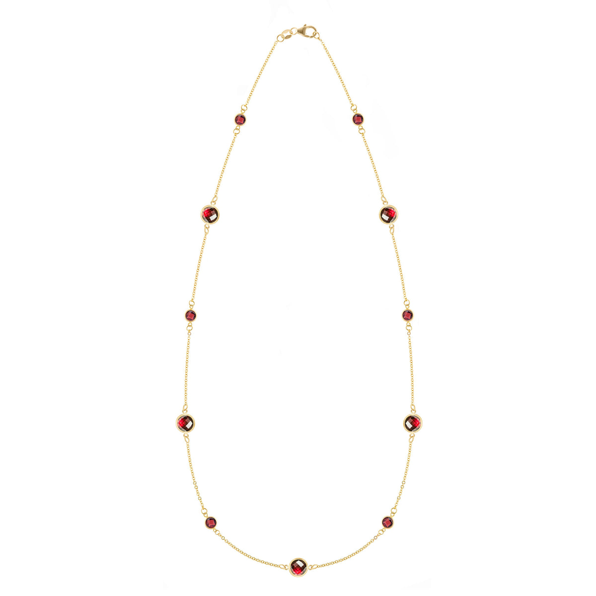 Bayberry Grand & Classic 14k yellow gold necklace featuring eleven alternating 4 mm and 6 mm briolette cut bezel set garnets