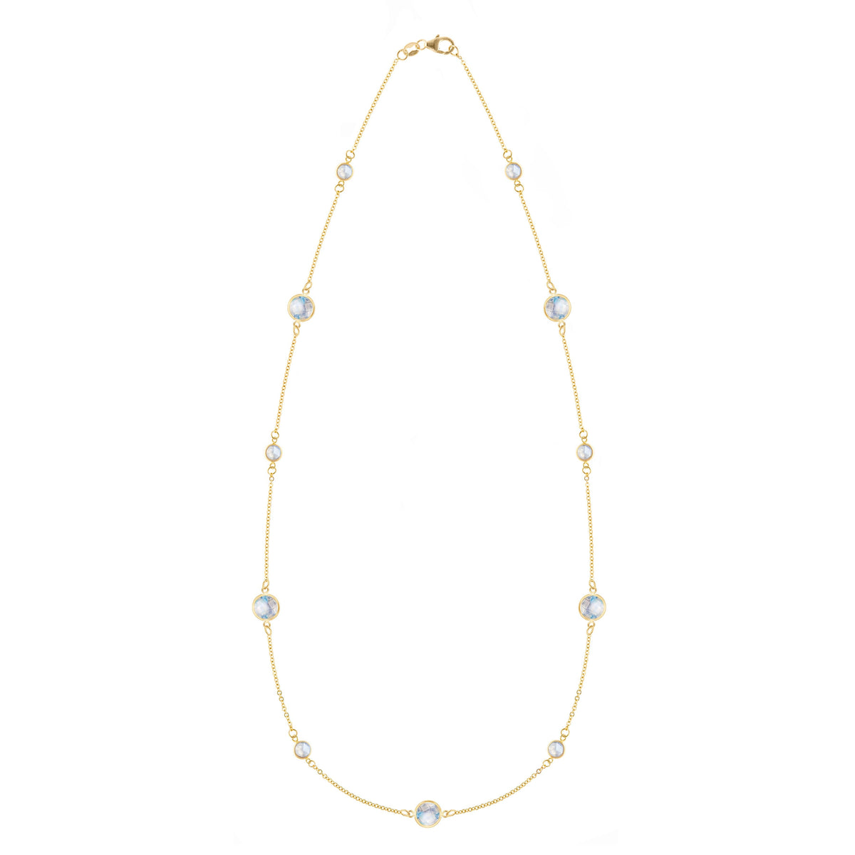 Bayberry Grand & Classic 14k gold necklace featuring eleven alternating 4 mm & 6 mm briolette cut bezel set moonstones