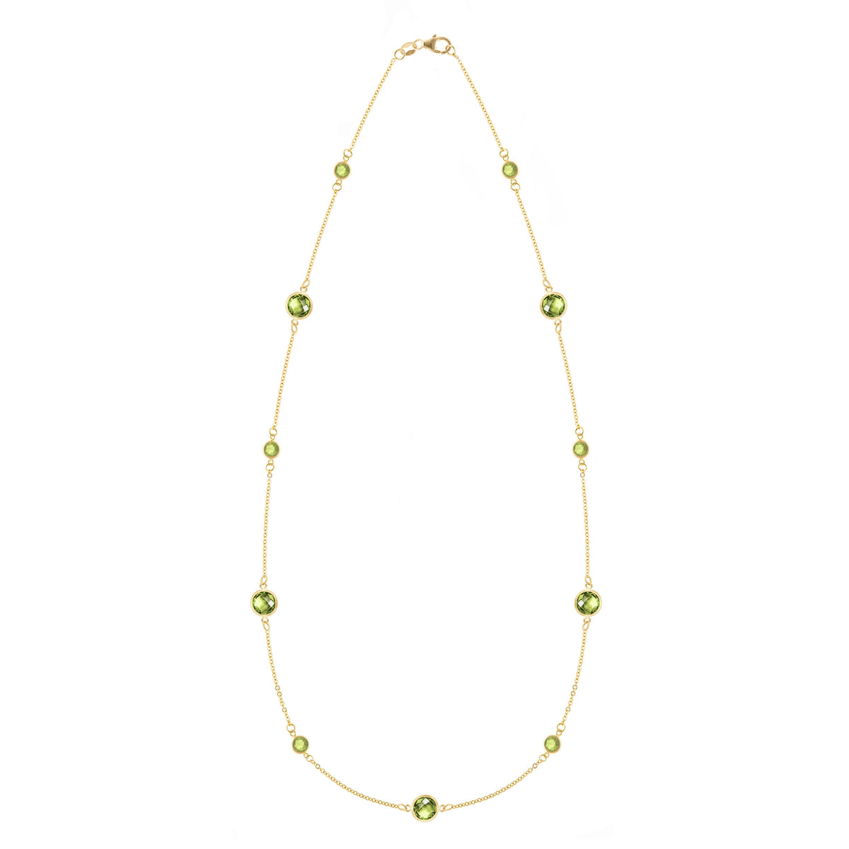 Bayberry Grand & Classic 14k yellow gold necklace featuring alternating 4 mm & 6 mm briolette cut bezel set peridots