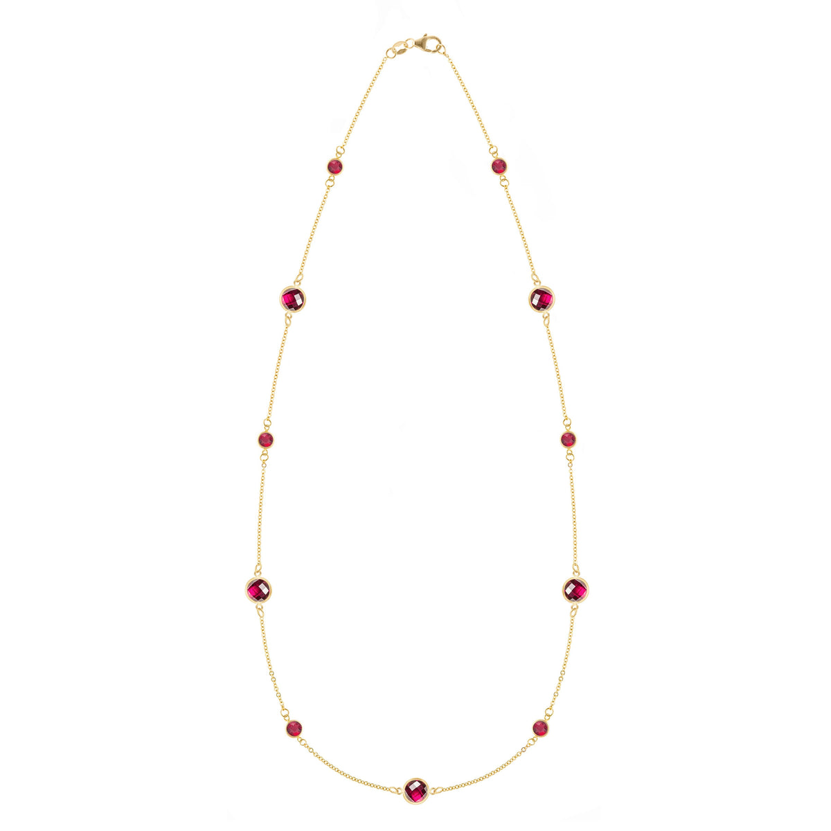 Bayberry Grand & Classic 14k yellow gold necklace featuring eleven alternating 4 mm and 6 mm briolette cut bezel set rubies