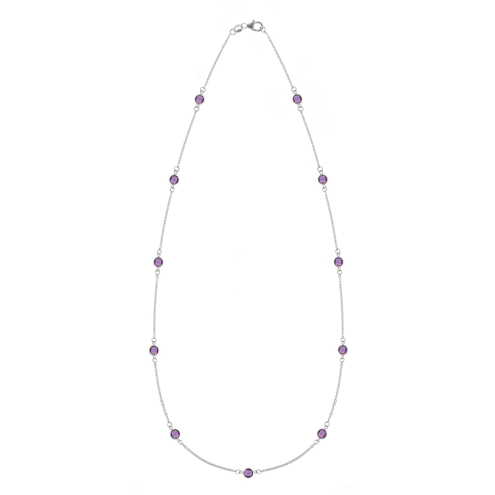 Bayberry 11 Birthstone necklace featuring eleven 4 mm briolette amethysts bezel set in 14k white gold