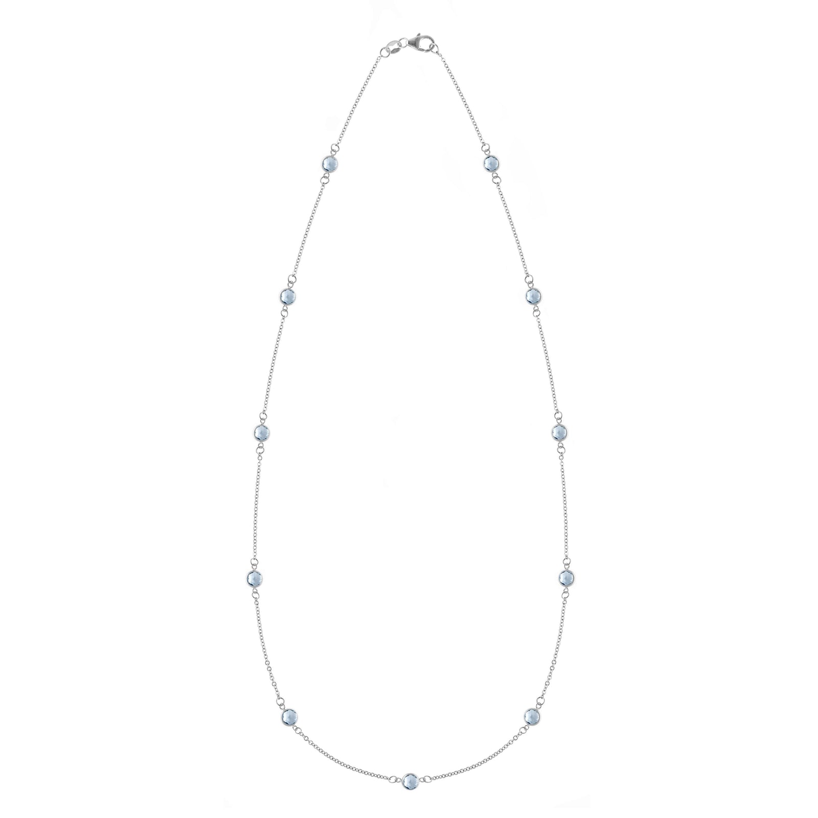 Bayberry 11 Birthstone necklace featuring eleven 4 mm briolette aquamarines bezel set in 14k white gold