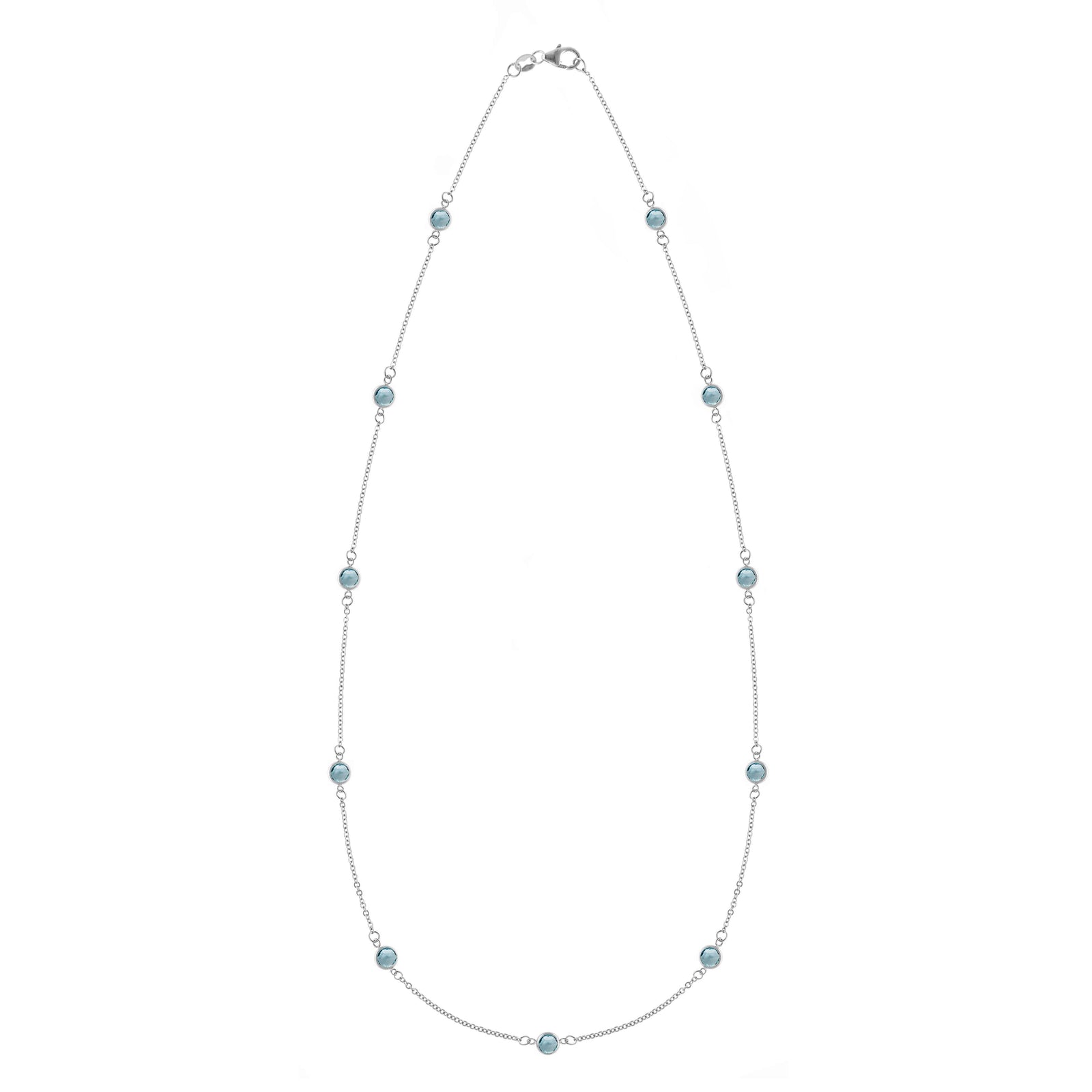 Bayberry 11 Birthstone necklace featuring eleven 4 mm briolette Nantucket blue topaz bezel set in 14k white gold
