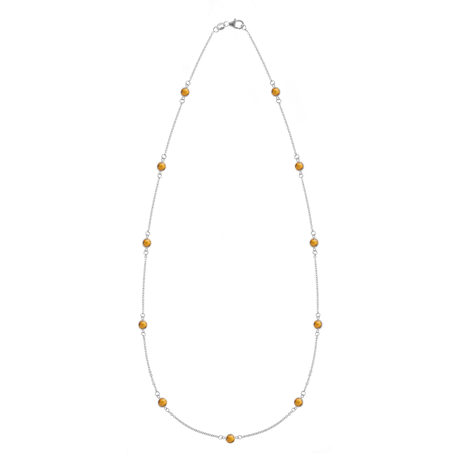 Bayberry 11 Birthstone necklace featuring eleven 4 mm briolette citrines bezel set in 14k white gold