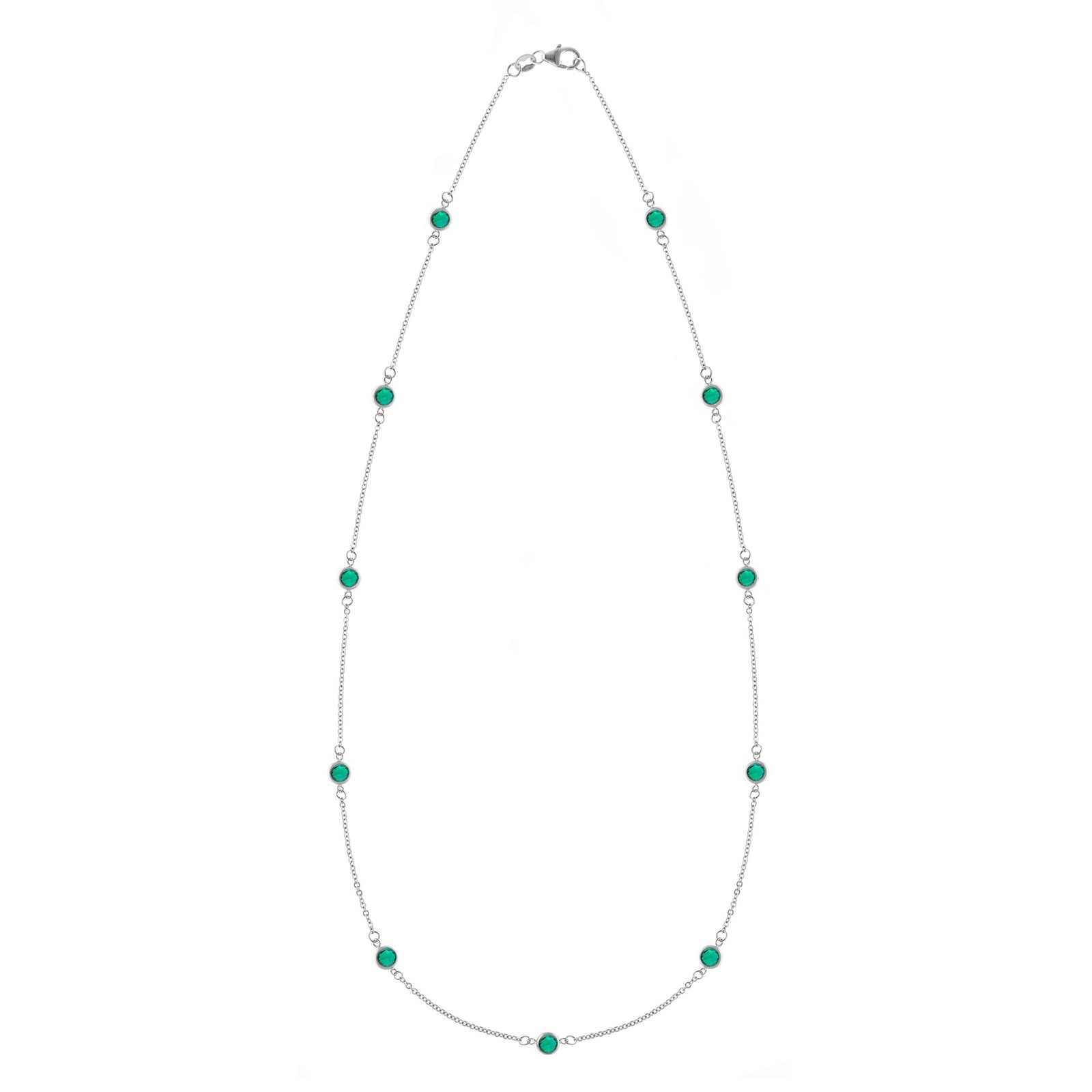 Bayberry 11 Birthstone necklace featuring eleven 4 mm briolette emeralds bezel set in 14k white gold