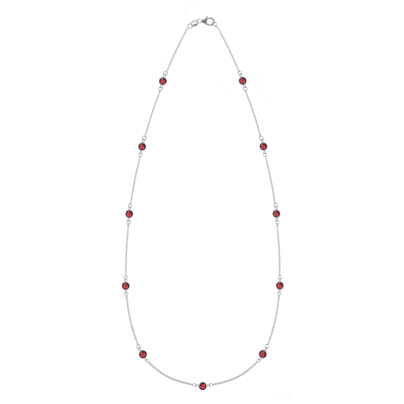 Bayberry 11 Birthstone necklace featuring eleven 4 mm briolette garnets bezel set in 14k white gold