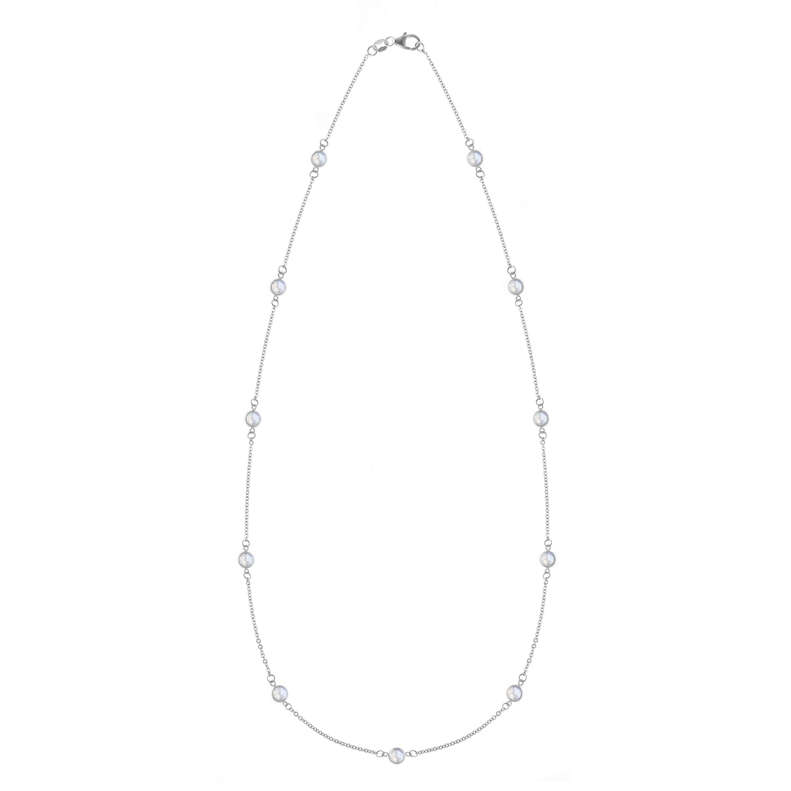 Bayberry 11 Birthstone necklace featuring eleven 4 mm briolette moonstones bezel set in 14k white gold
