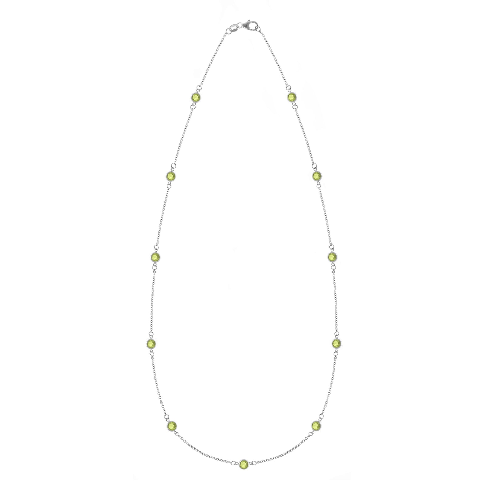 Bayberry 11 Birthstone necklace featuring eleven 4 mm briolette peridots bezel set in 14k white gold