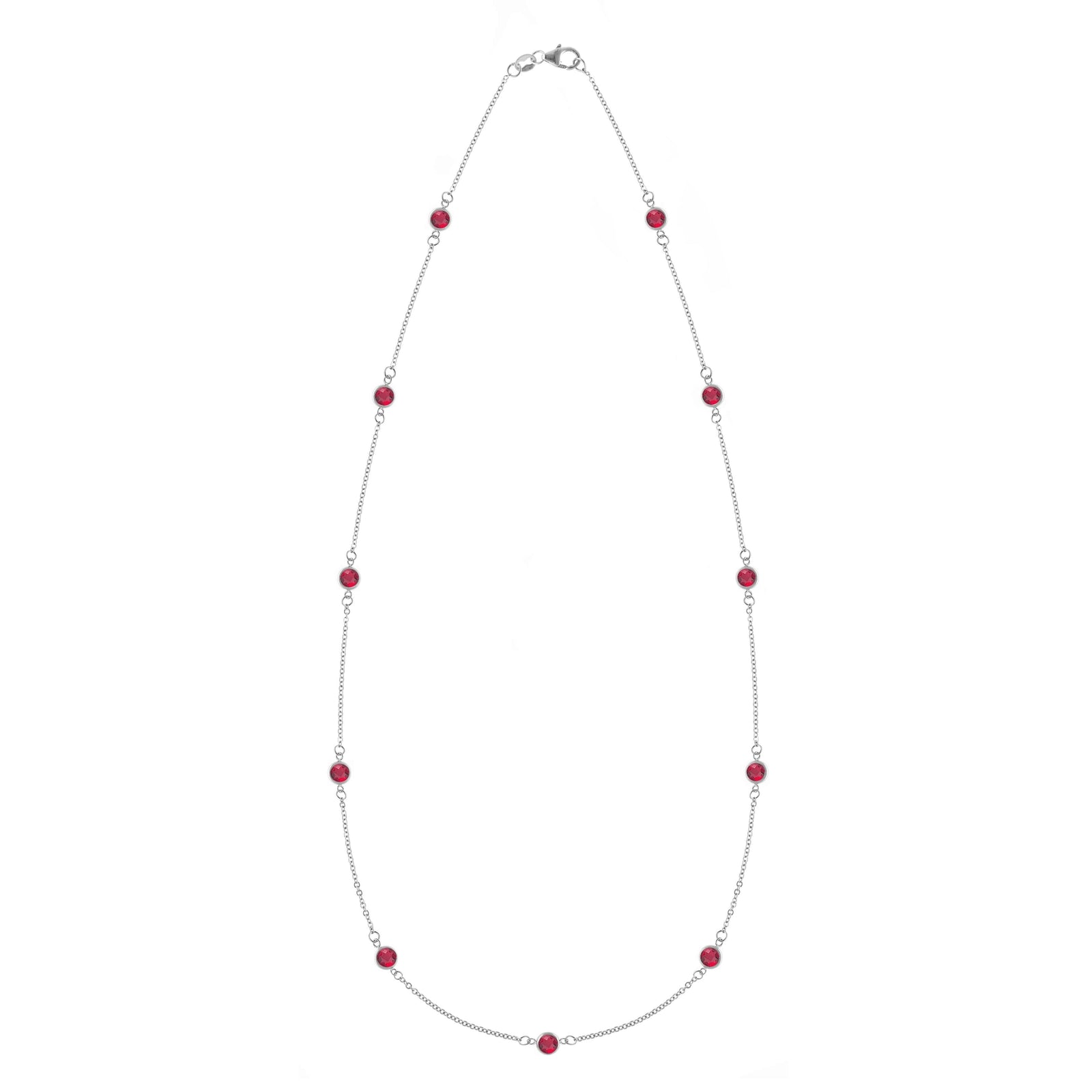 Bayberry 11 Birthstone necklace featuring eleven 4 mm briolette rubies bezel set in 14k white gold