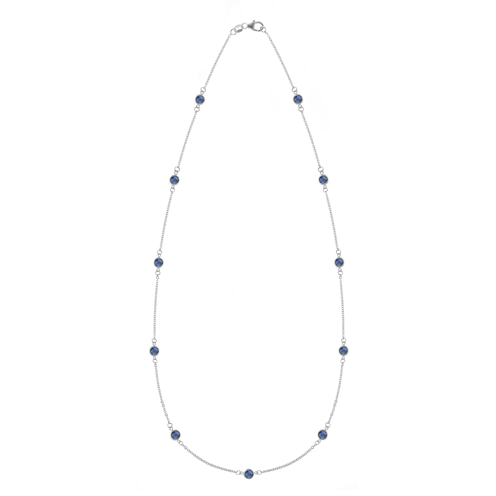 Bayberry 11 Birthstone necklace featuring eleven 4 mm briolette sapphires bezel set in 14k white gold